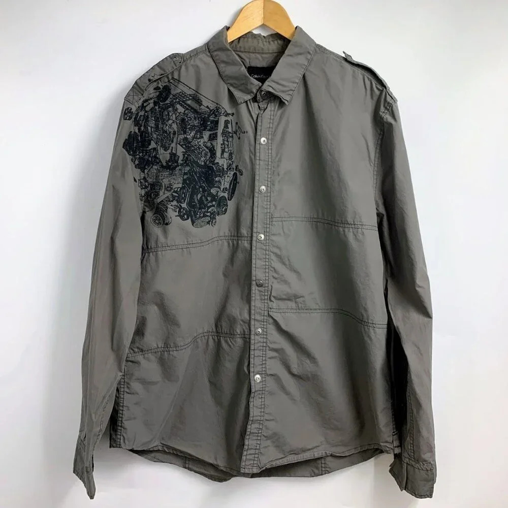 Calvin Klein Jeans Men's Motor Blow Apart Graphic Snap Up Shirt Size XL